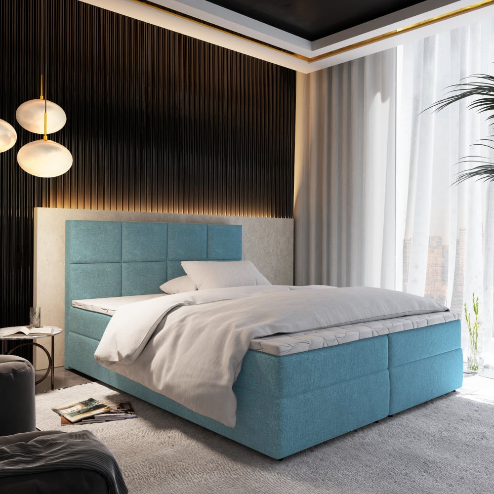 Boxspringbett 140x200 cm mit Matratze und Topper - Blau - Maisons