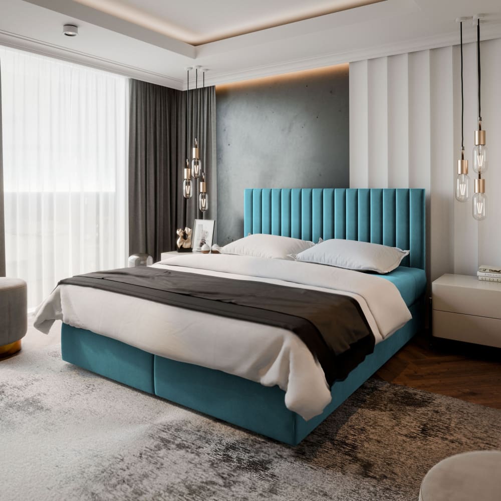 Boxspringbett 140x200 cm mit Matratze und Topper - Blau - Maisons