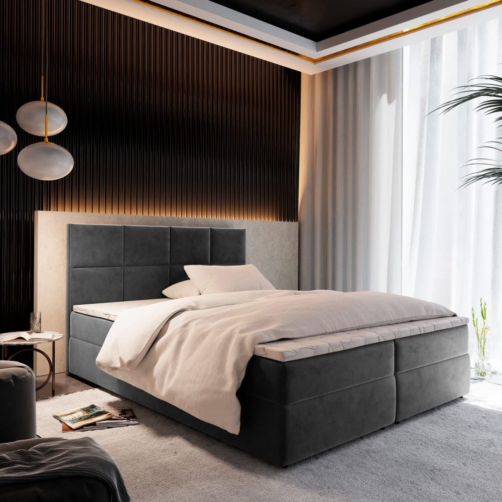 Boxspringbett 140x200 cm mit Matratze und Topper - Grau - Maisons