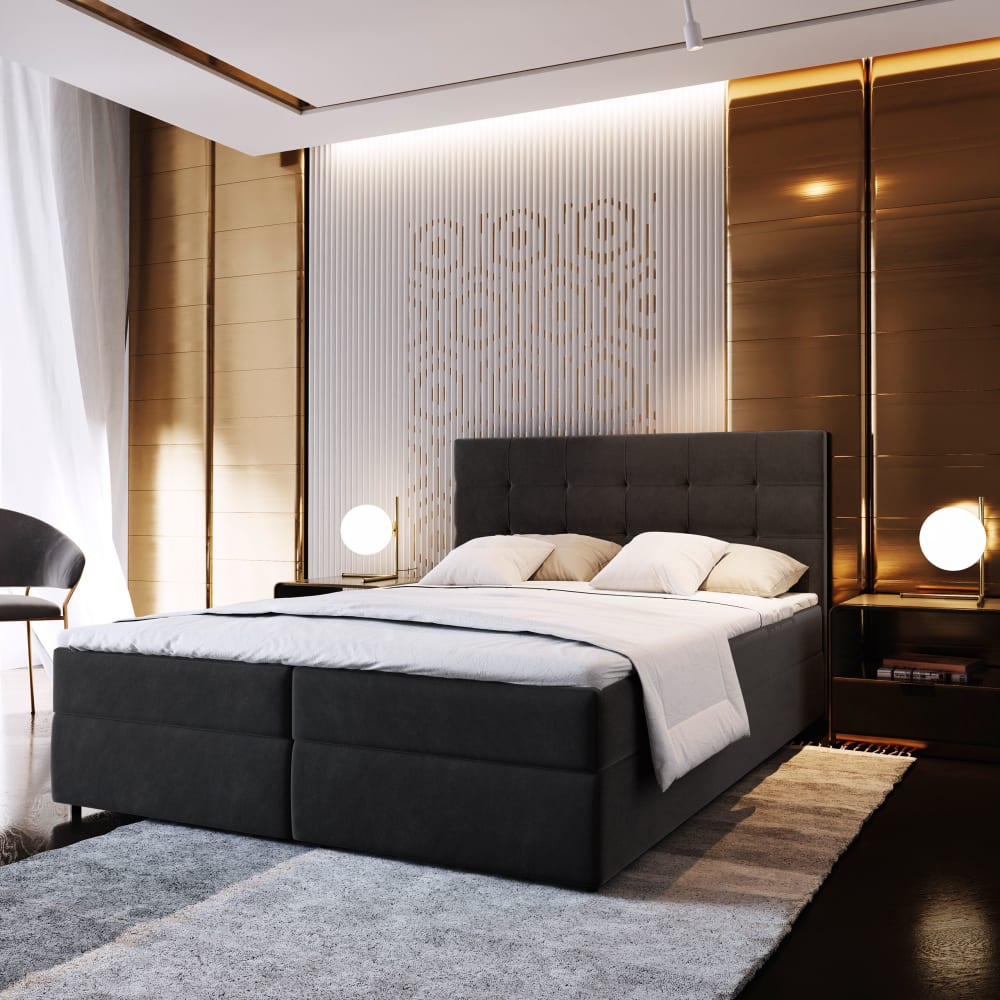 Boxspringbett 140x200 cm mit Matratze und Topper - Schwarz -