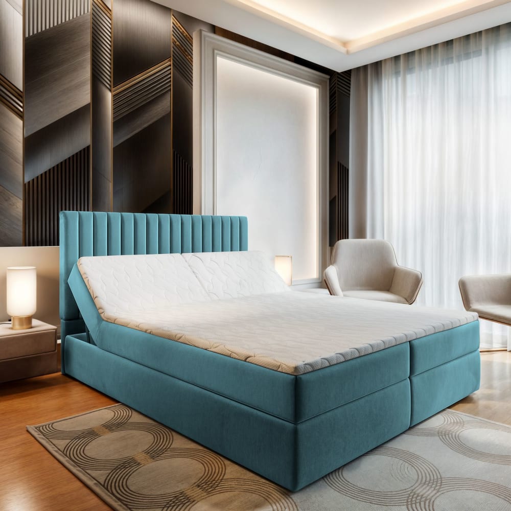 Boxspringbett 140x200 cm mit Matratze und Topper - Blau - Maisons