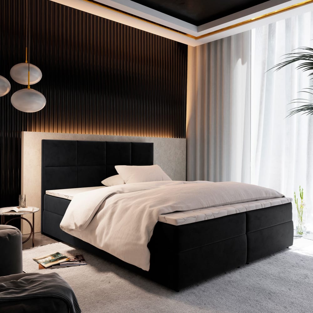 Boxspringbett 140x200 cm mit Matratze und Topper - Schwarz -