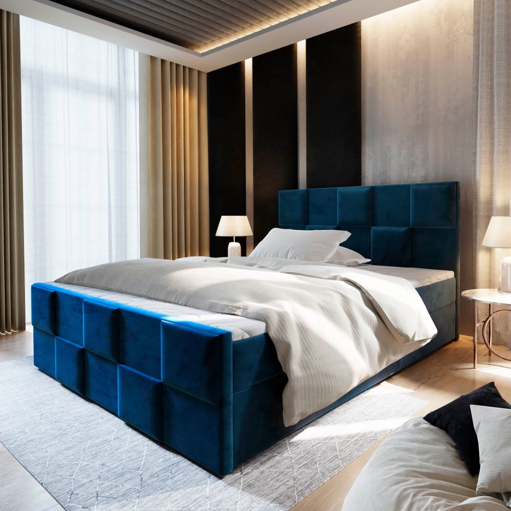 Boxspringbett 140x200 cm mit Matratze und Topper - Blau - Maisons