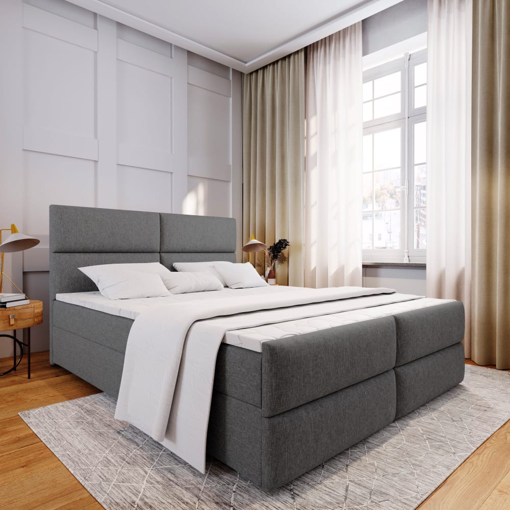 Boxspringbett 140x200 cm mit Matratze und Topper - Grau - Maisons