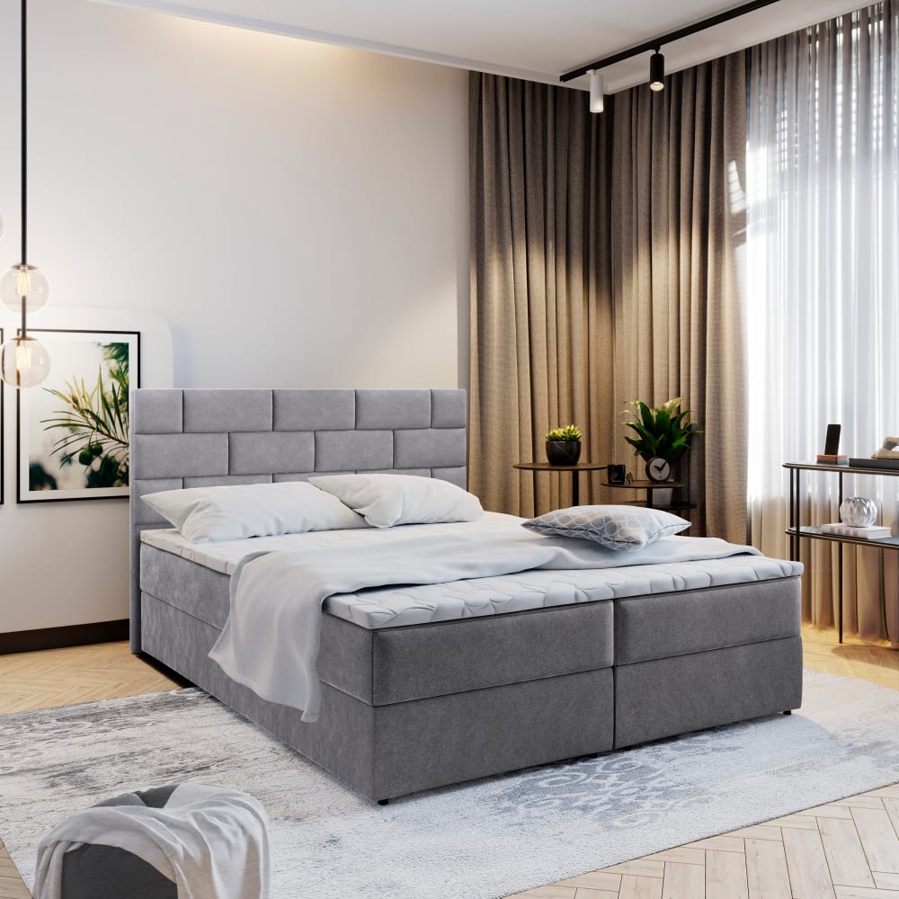 Boxspringbett 140x200 cm mit Matratze und Topper - Grau - Maisons