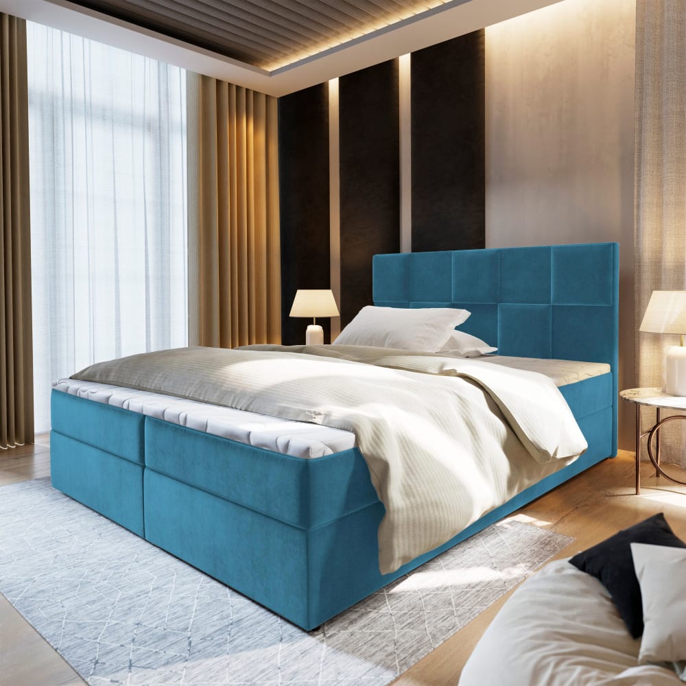 Boxspringbett 140x200 cm mit Matratze und Topper - Blau - Maisons