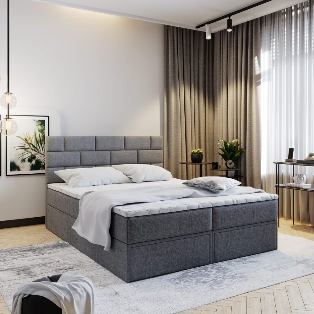 Boxspringbett 140x200 cm mit Matratze und Topper - Grau - Maisons