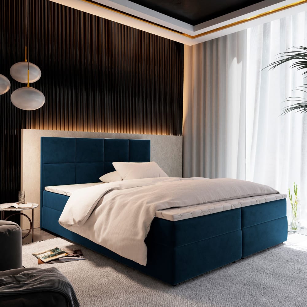 Boxspringbett 140x200 cm mit Matratze und Topper - Blau - Maisons