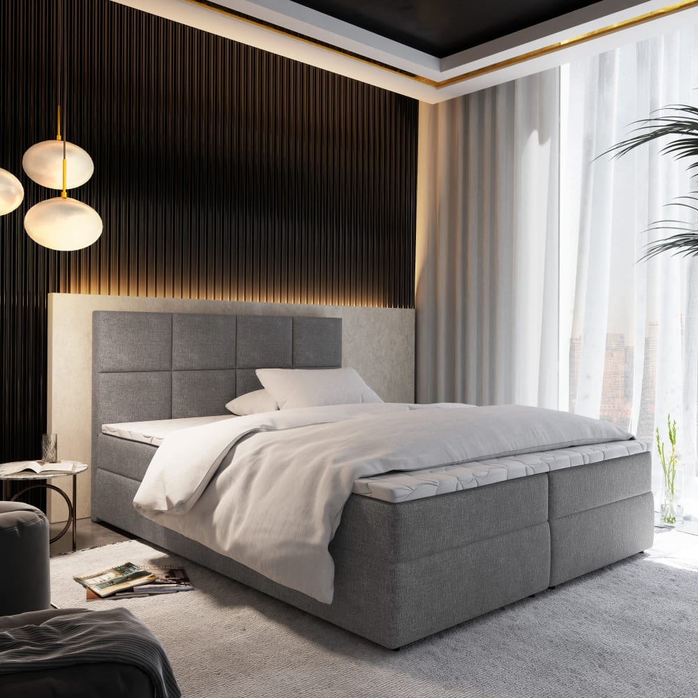 Boxspringbett 140x200 cm mit Matratze und Topper - Grau - Maisons