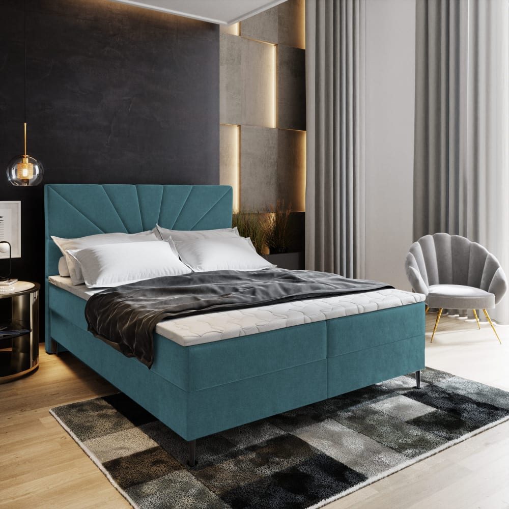Boxspringbett 140x200 cm mit Matratze und Topper - Blau - Maisons