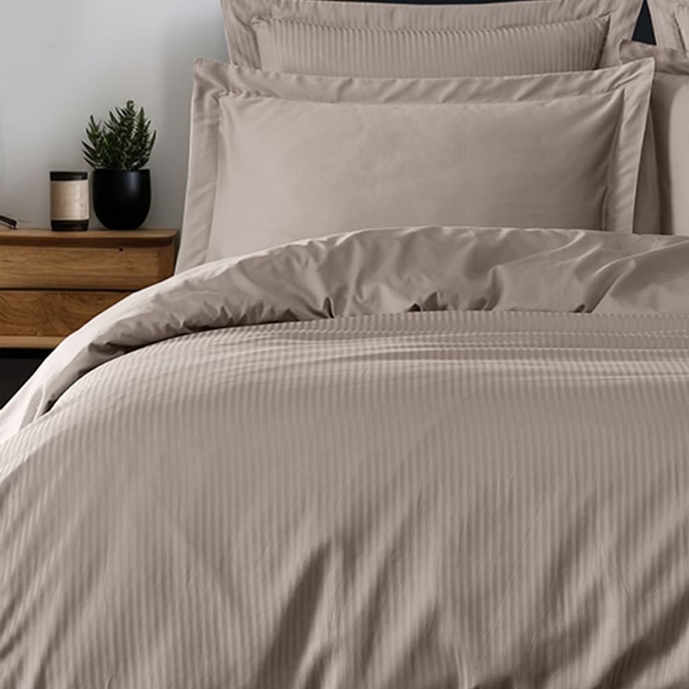 Parure de lit satin rayé avec 2 taies rectangles Taupe 140x200 cm