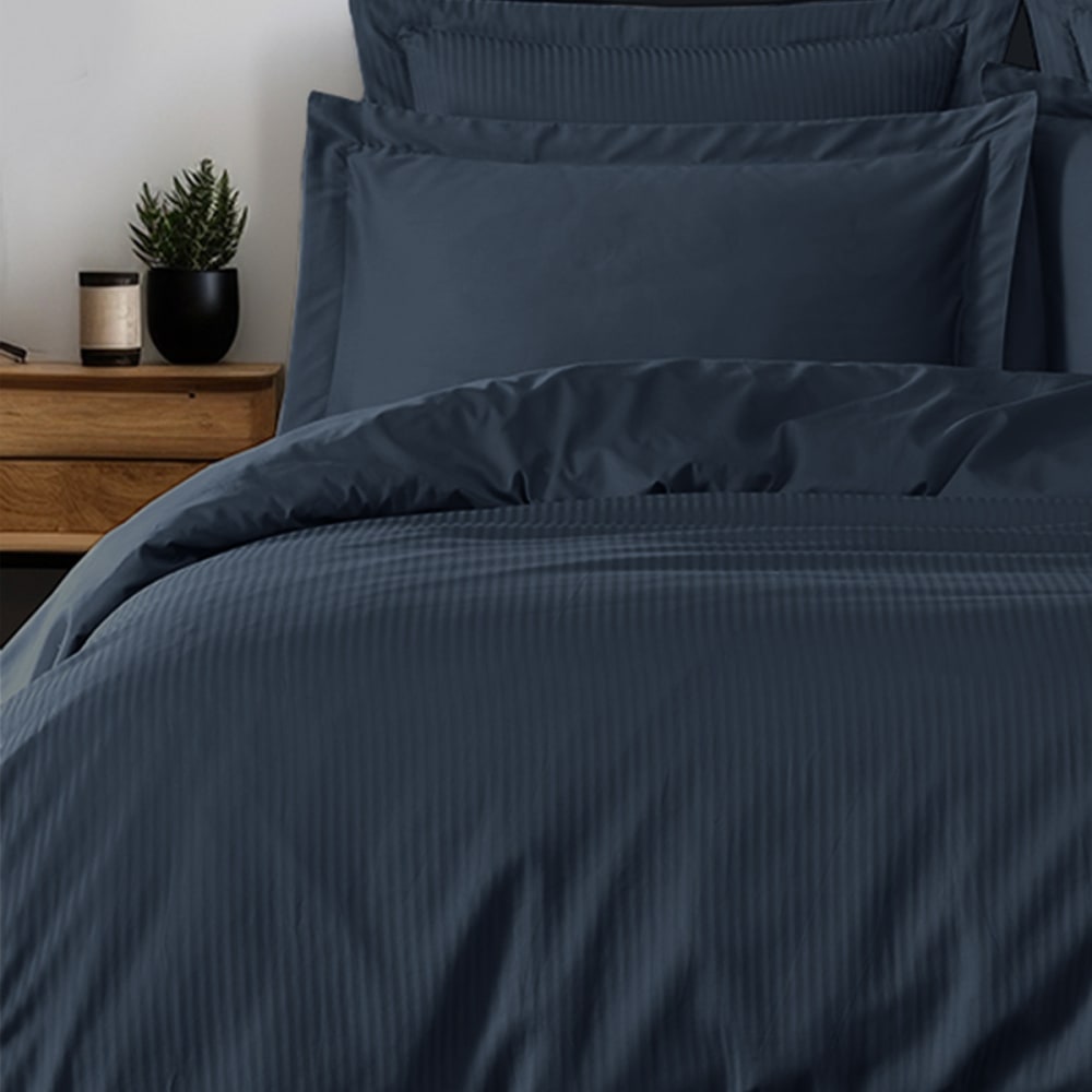 Parure de lit satin rayé avec 2 taies rectangles Marine 140x200 cm