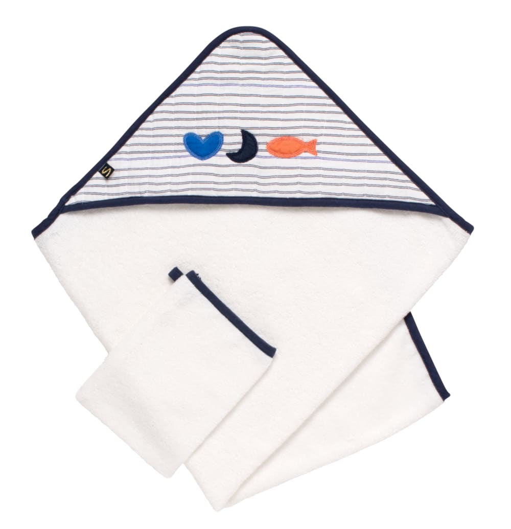 Cape de bain et gant en double gaze de coton et éponge