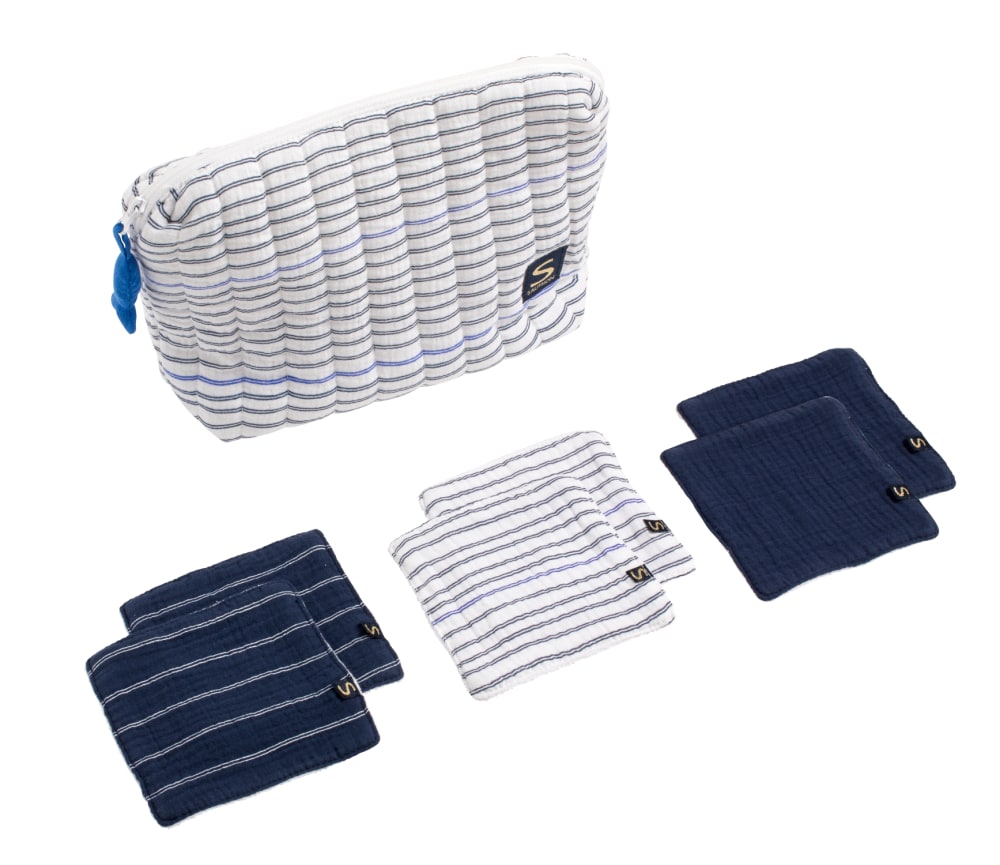 Trousse de toilette en double gaze de coton et carrés éponge