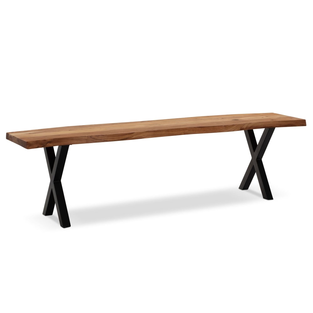 Banc bord brut, pieds en x en bois d'acacia, marron