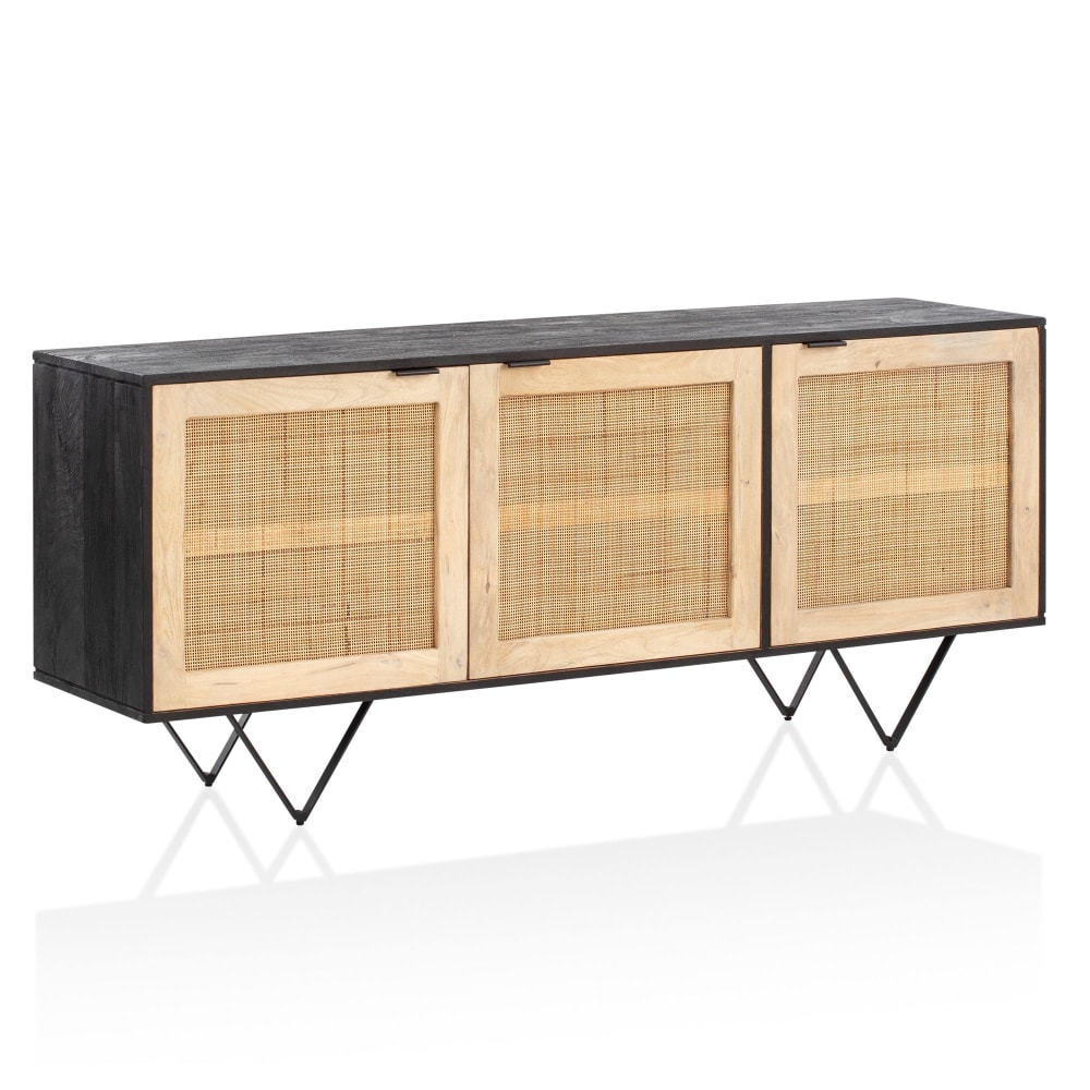 FineBuy Sideboard mit 3 Türen aus Mango Massivholz, Schwarz style modern Braun