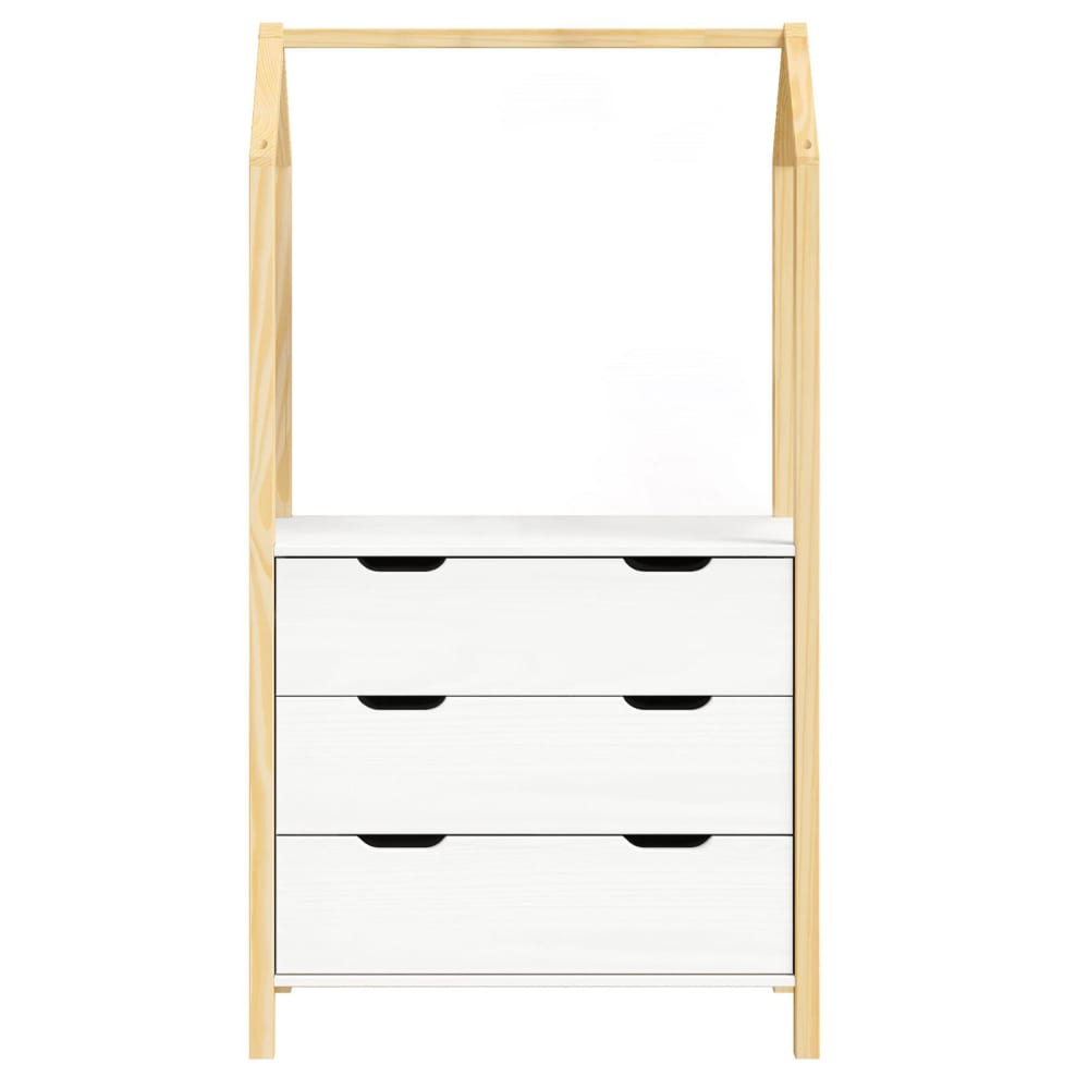 Commode enfant 3 tiroirs 1 tringle en bois massif, blanc/naturel