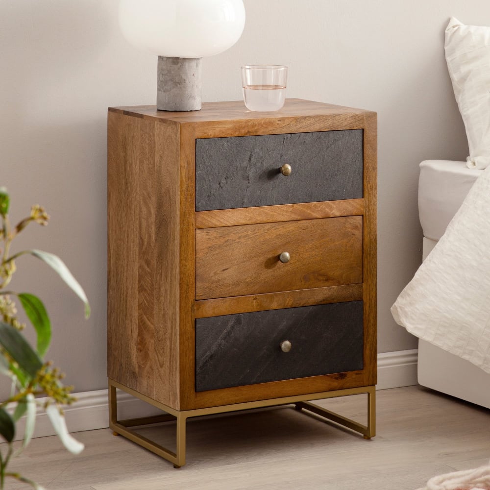Chevet pour lit boxspring à 3 tiroirs en bois de manguier, marron