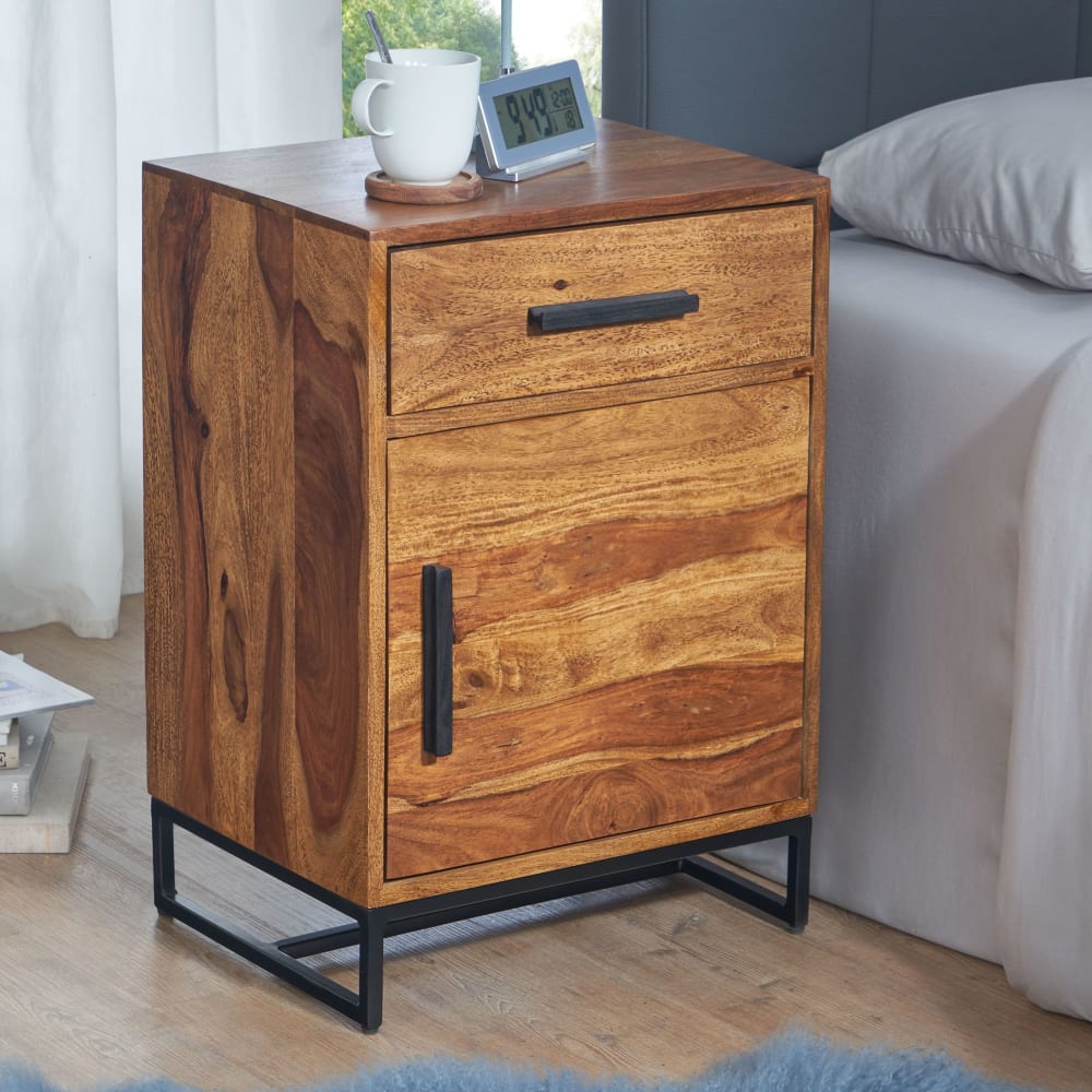 Nachttisch für Boxspringbett mit Schubladen aus Sheesham, Braun -