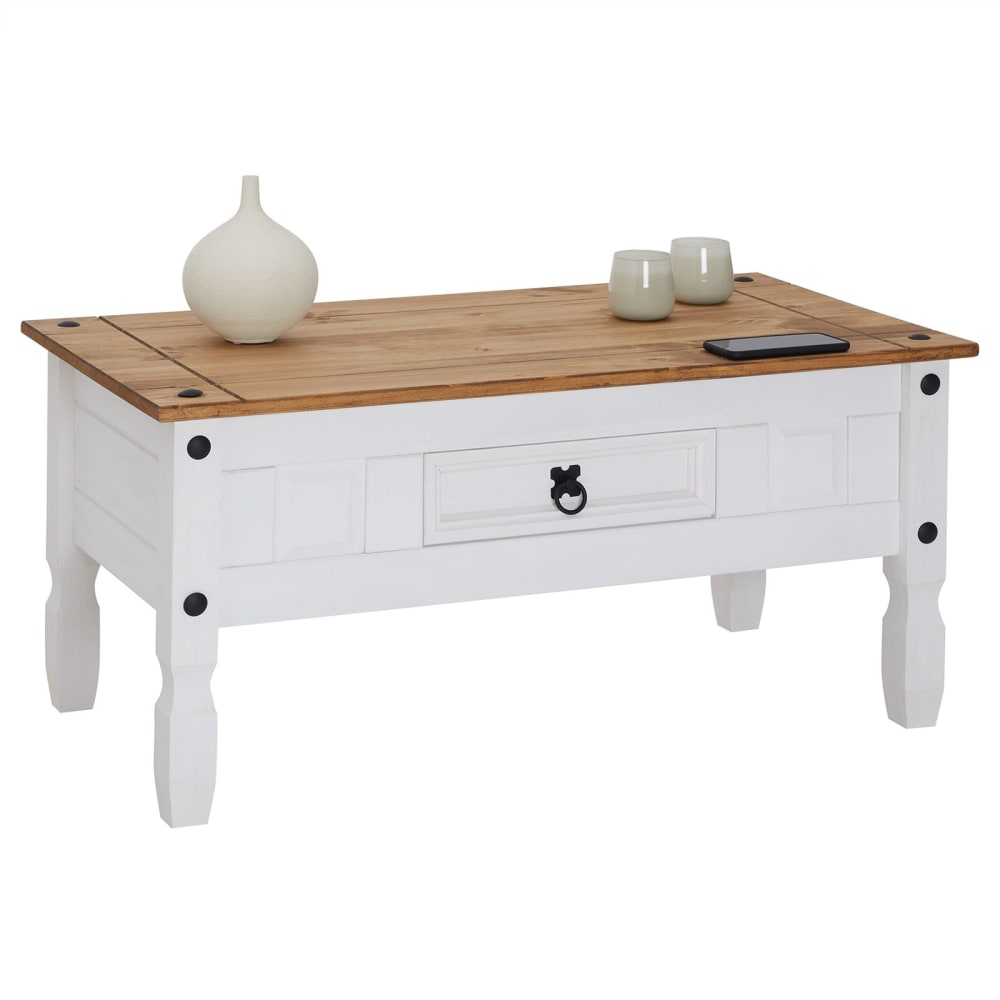 Couchtisch mit Schublade aus Kiefer, weiß/braun - Maisons Du