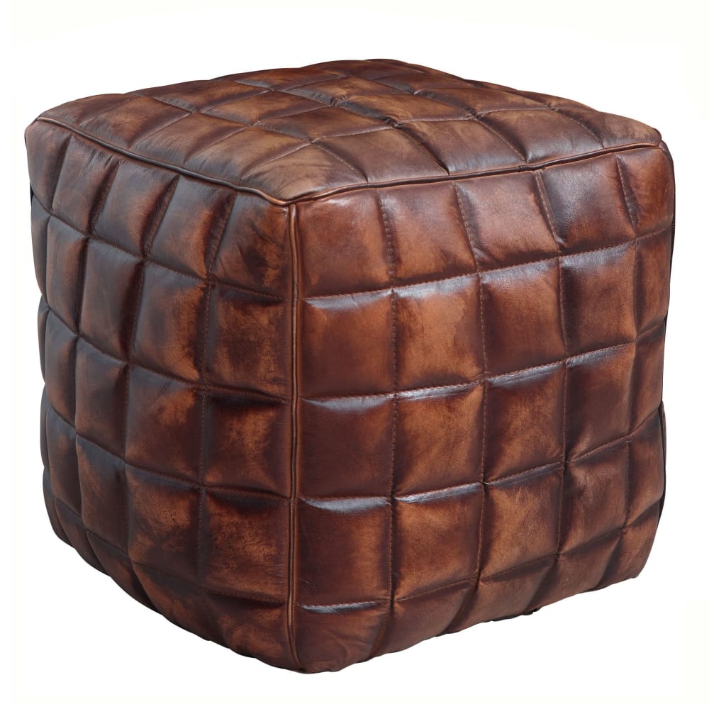 Pouf cube en cuir véritable, marron
