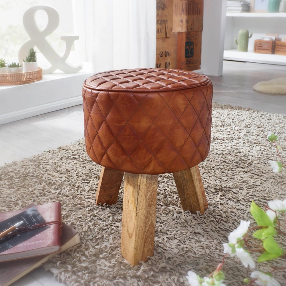 Tabouret en cuir véritable, marron