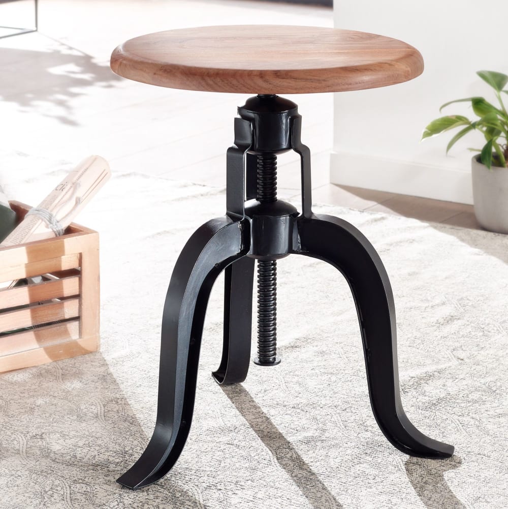 Tabouret pivotant réglable en hauteur en métal et bois, marron