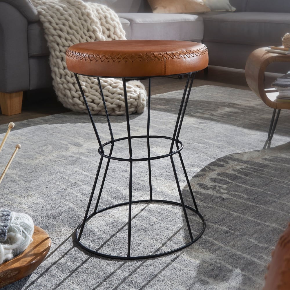 Tabouret en cuir véritable, marron