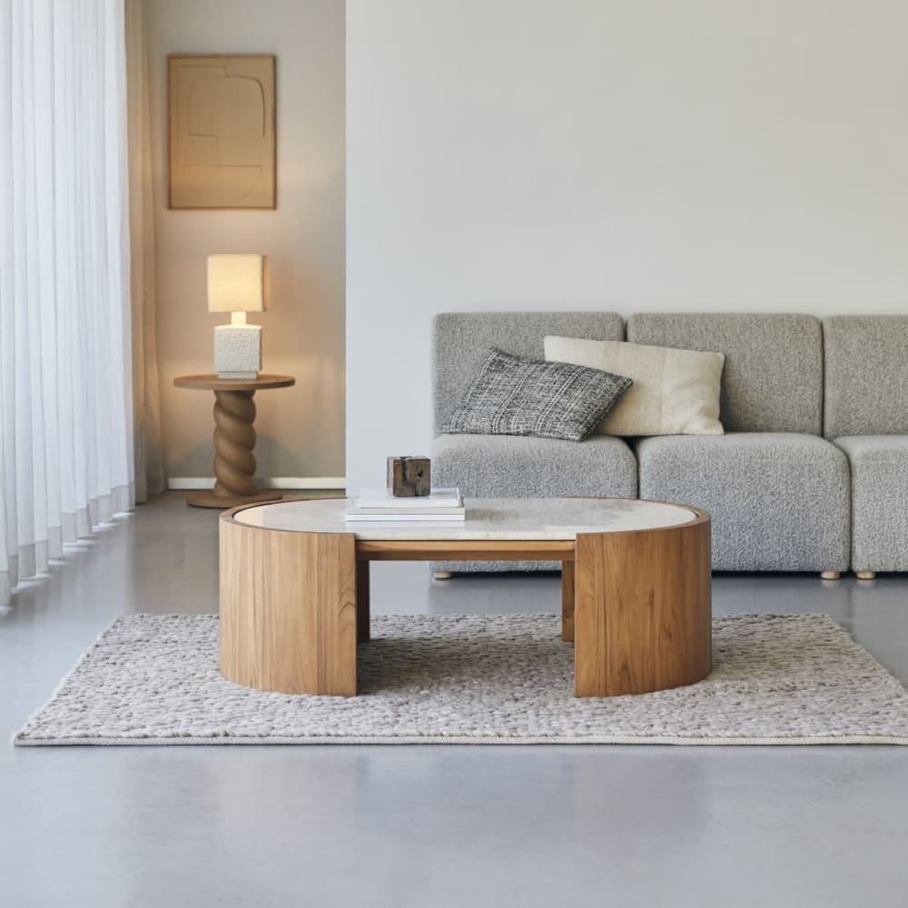 Tikamoon Couchtisch aus massivem Teakholz und Marmor style exotic Beige