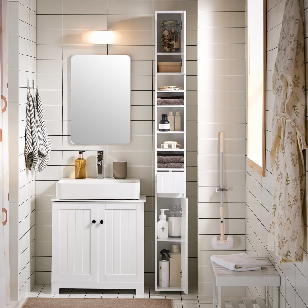 Badezimmer Hochschrank Badschrank aus MDF(E1) Produktmaße Weiß -