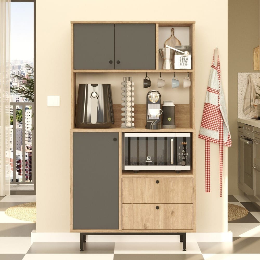 Buffet cuisine 3 portes - h161,2 cm - chêne et gris