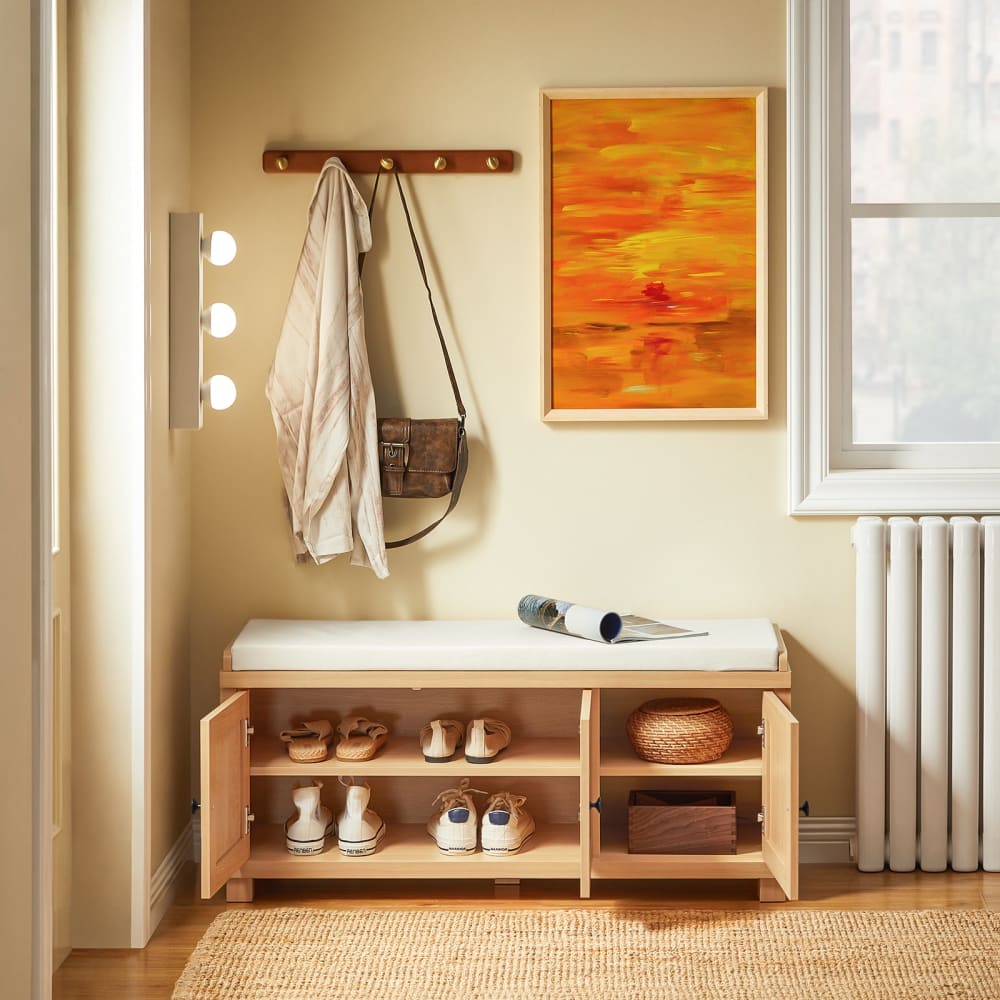 Banc à chaussures avec 3 portes et 4 compartiments effet bois