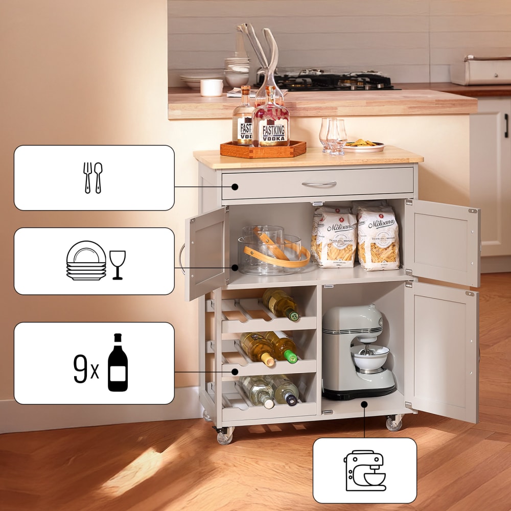Desserte à roulettes - plateau en bois d'hévéa effet bois marron