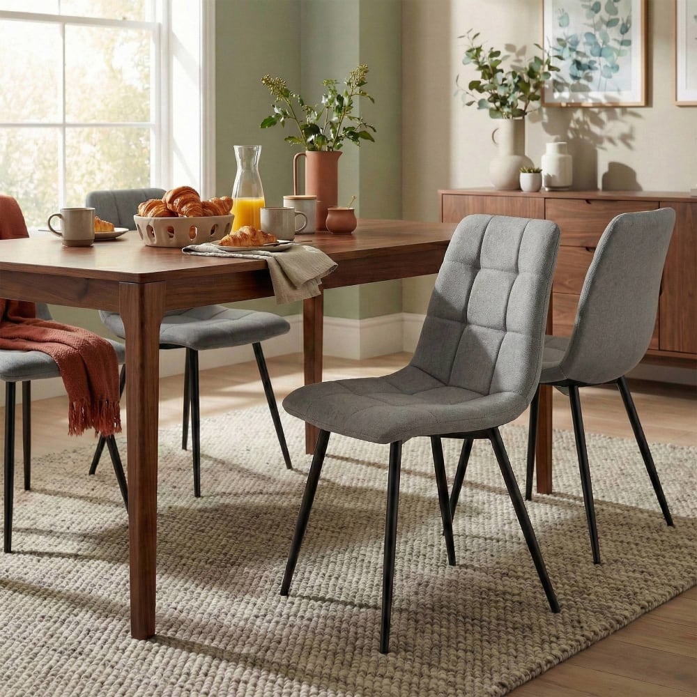 set de 4 silla de comedor con reposapies en tela gris claro