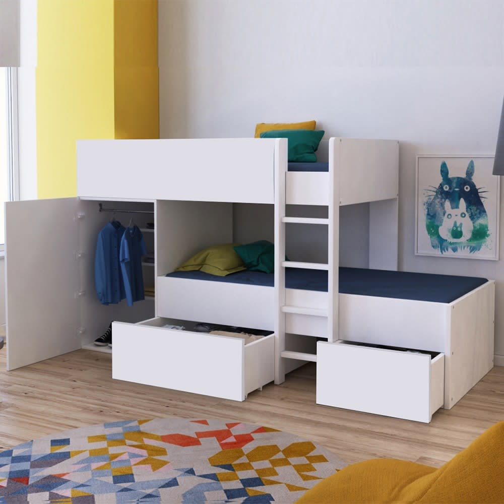 Lit superposé avec armoire et 2 tiroirs 90 x 190 cm (Weber industries) - Image 1