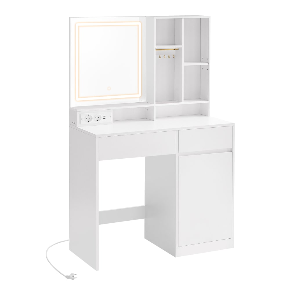 Coiffeuse avec miroir tiroir et rangement pour bijoux l 90 cm blanc