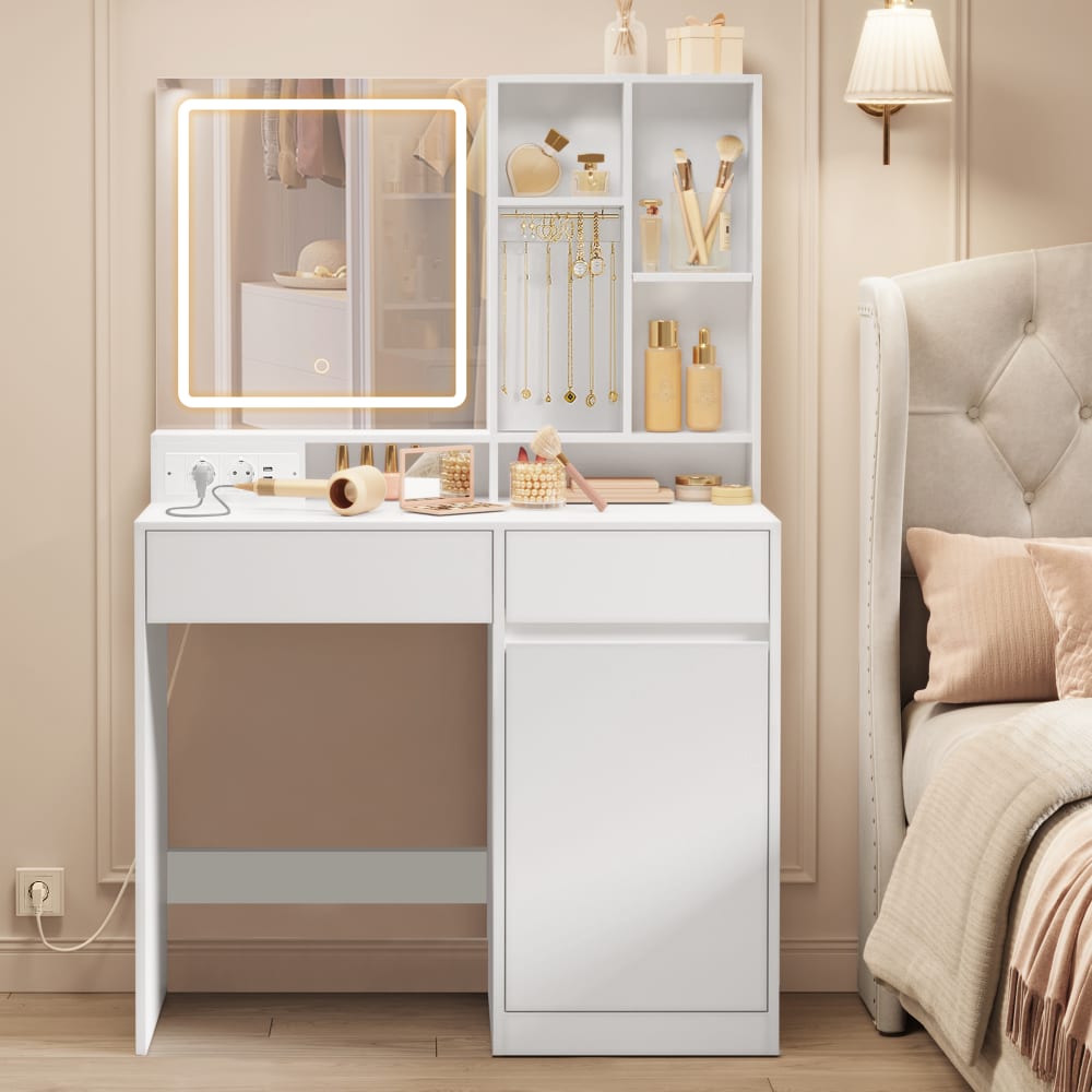 Coiffeuse avec miroir tiroir et rangement pour bijoux l 90 cm blanc