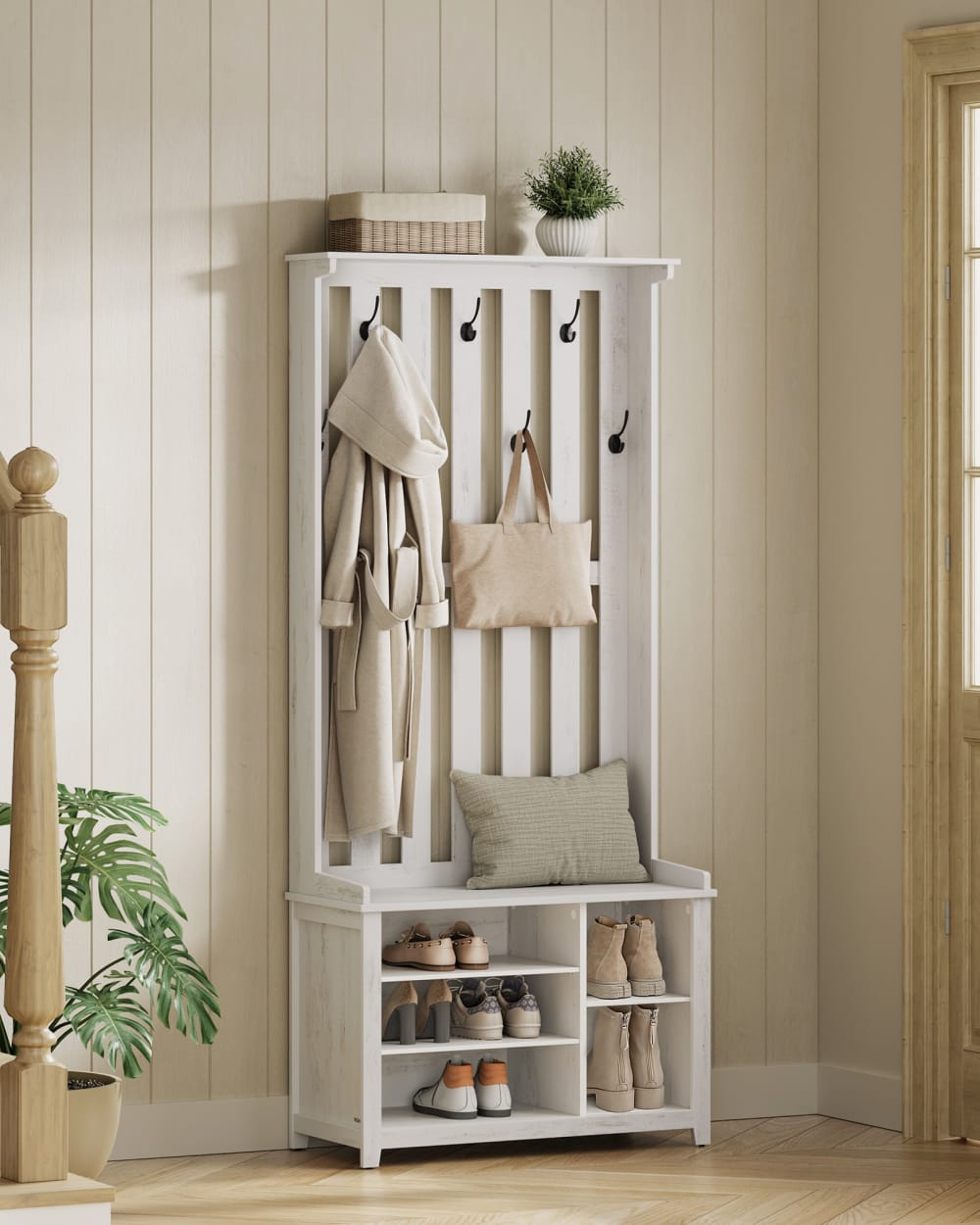 Meuble d’entrée avec étagère à chaussures 7 crochets blanc