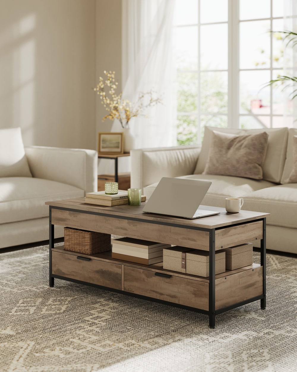 Table basse avec plateau relevable 120 x 50cm marron camel et noir