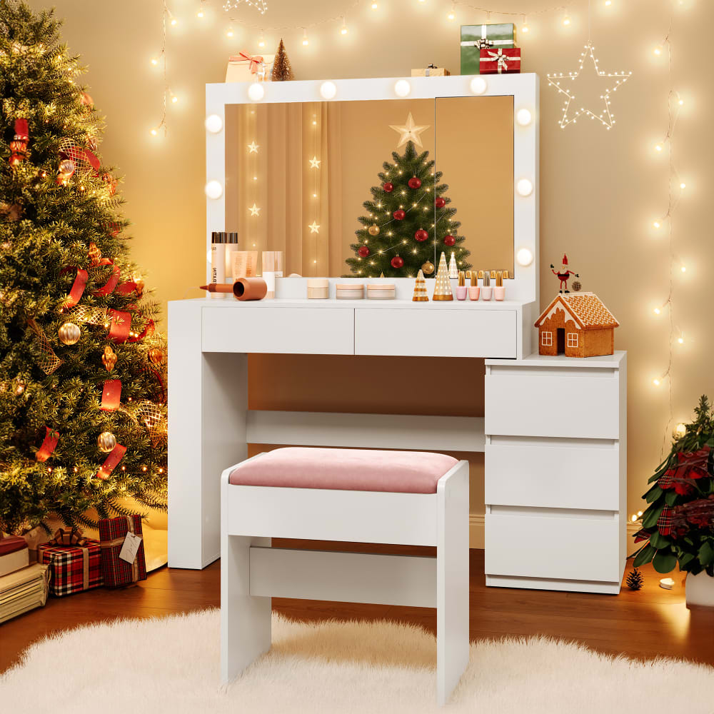 Coiffeuse avec tiroir miroir multiprise tabouret blanc