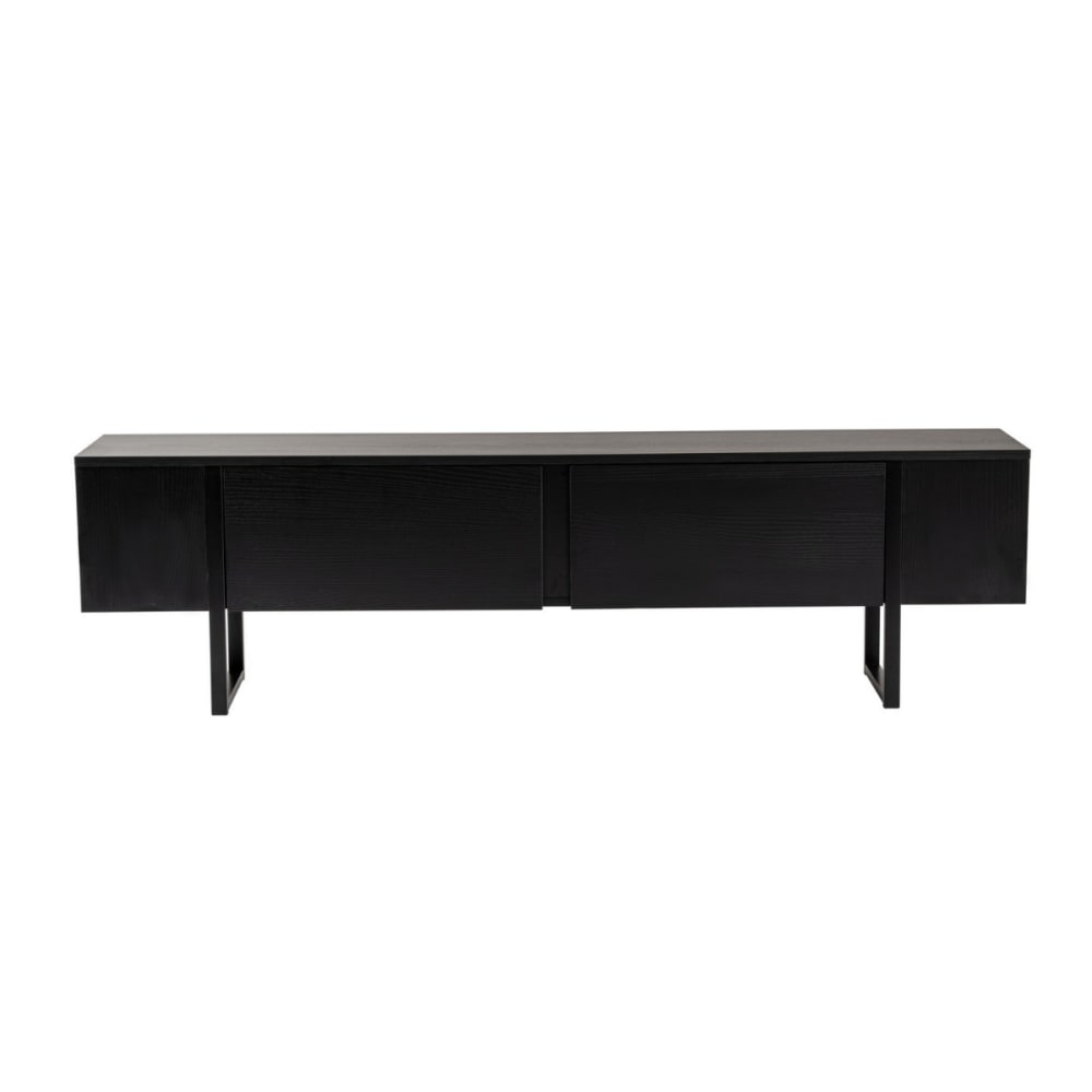 Meuble TV 2 portes abattantes L180 cm - Effet Chêne noir/ Noir