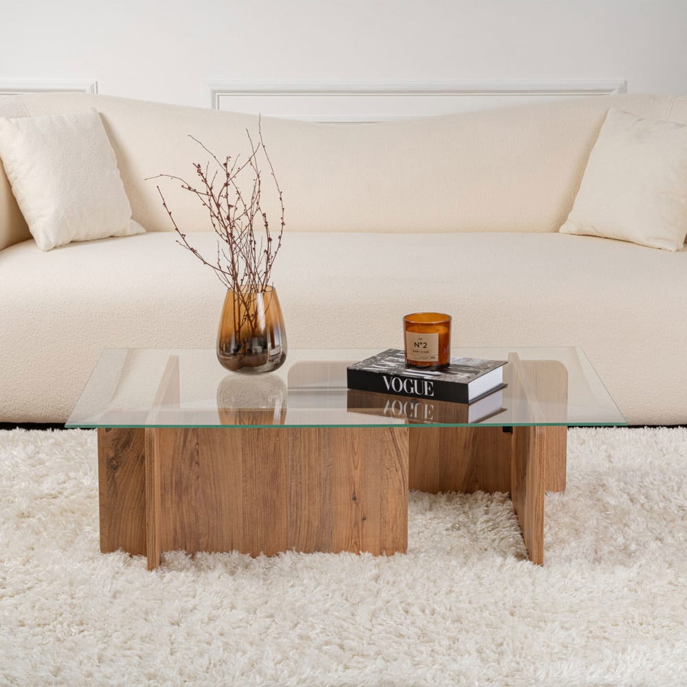Table basse design 105x65x30 cm en verre trempé et naturel - mae Table basse design 105x65x30 cm en verre trempé et naturel - mae