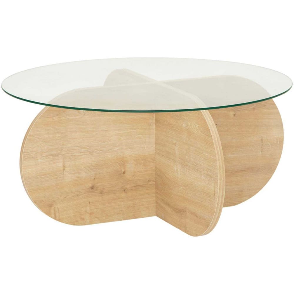 Table basse ronde 75x75x35 cm en verre et décor chêne - KORI