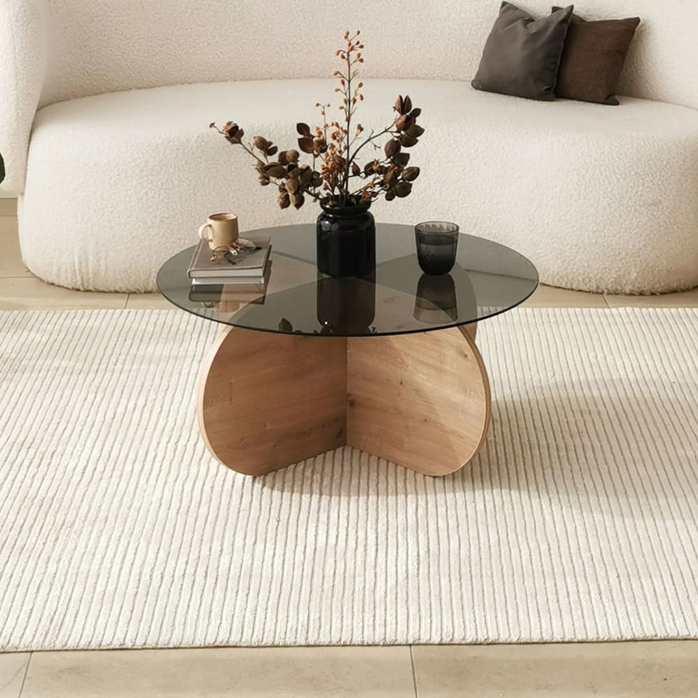 Table basse ronde 75x75x35 cm en verre fumé et décor chêne - kori Table basse ronde 75x75x35 cm en verre fumé et décor chêne - kori