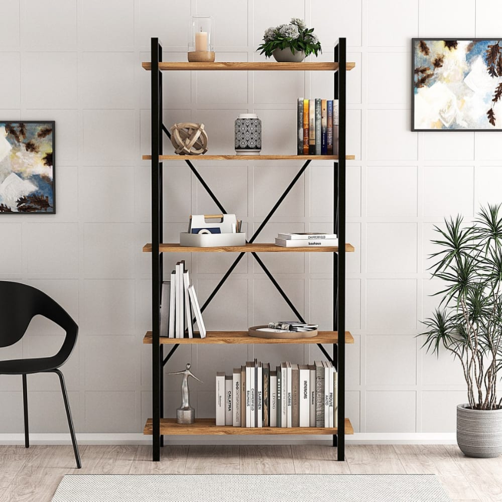 Designer-Metallbücherregal – 5 Regale – Holz und schwarz -