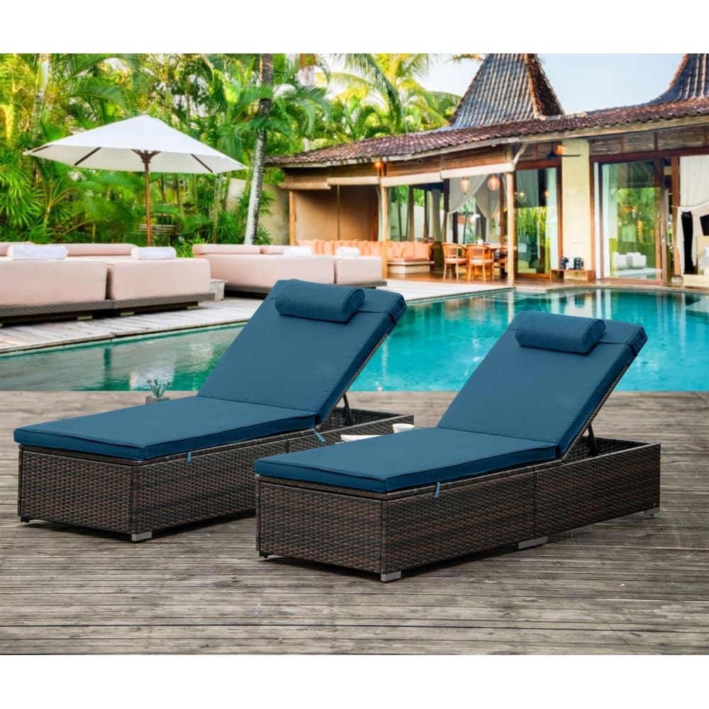 Lot de 2 transats coussins bleus foncé en résine tressée avec tablette