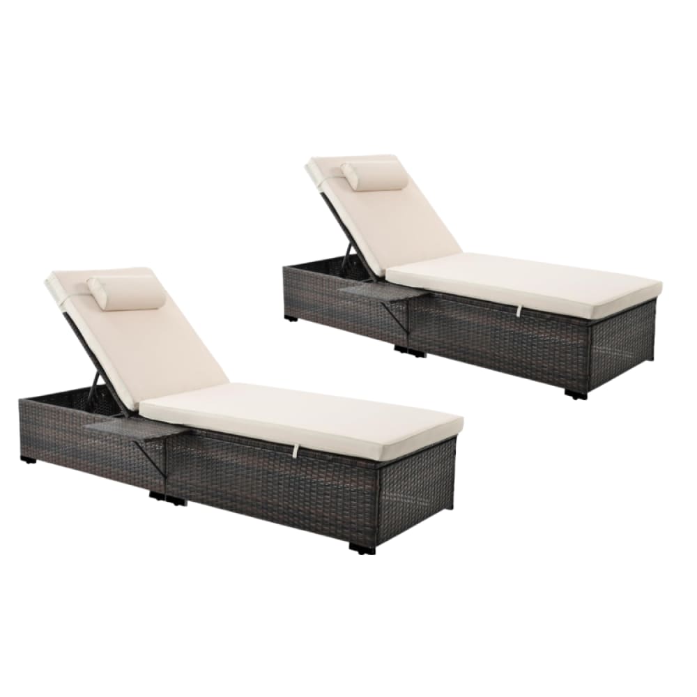 Lot de 2 transats coussins beiges en résine tressée avec tablette laté