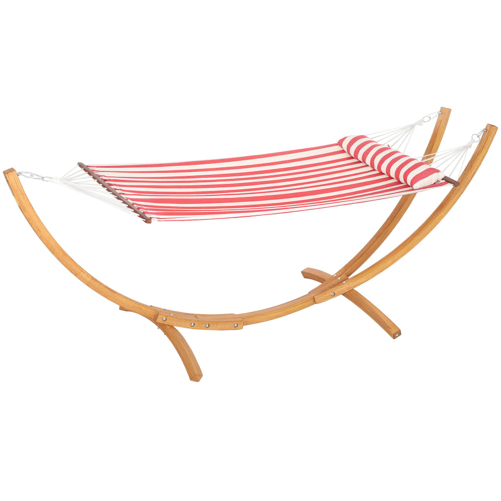 Hamac sur pied 1 place avec support en bois oreiller de tête rouge