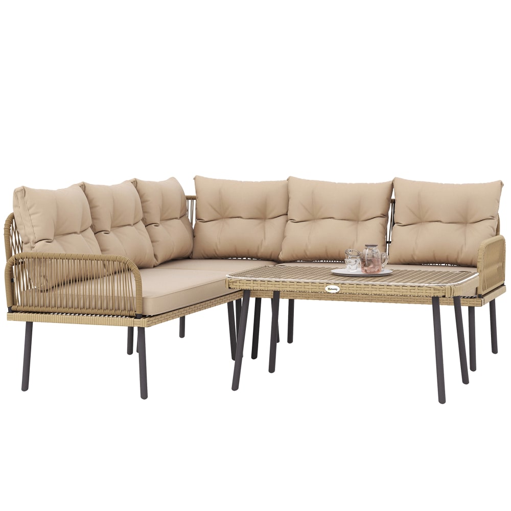 Ensemble salon de jardin d'angle 5 places table basse coussins beige