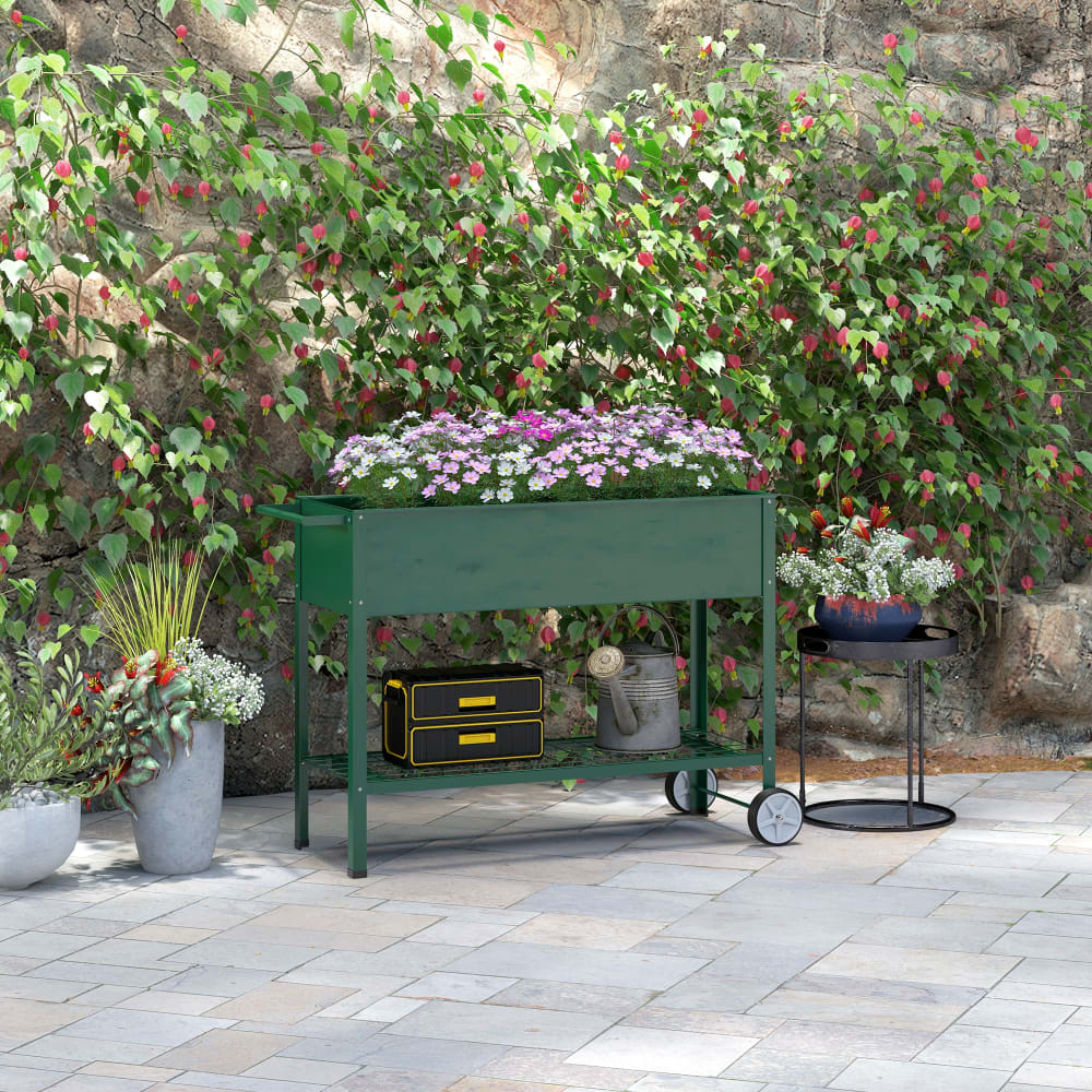 Jardinière sur pieds potager 2 roues métal vert